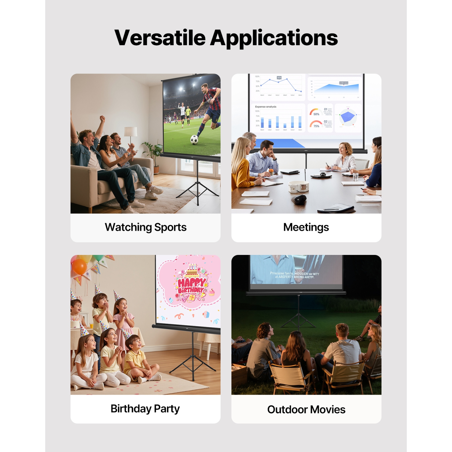 VEVOR 70 x 70 Inch Projector Screen with Stand,160° Wide Angle Indoor Outdoor Projection Screen, 1:1 4K HD Wrinkleless Portable Tripod Screens with