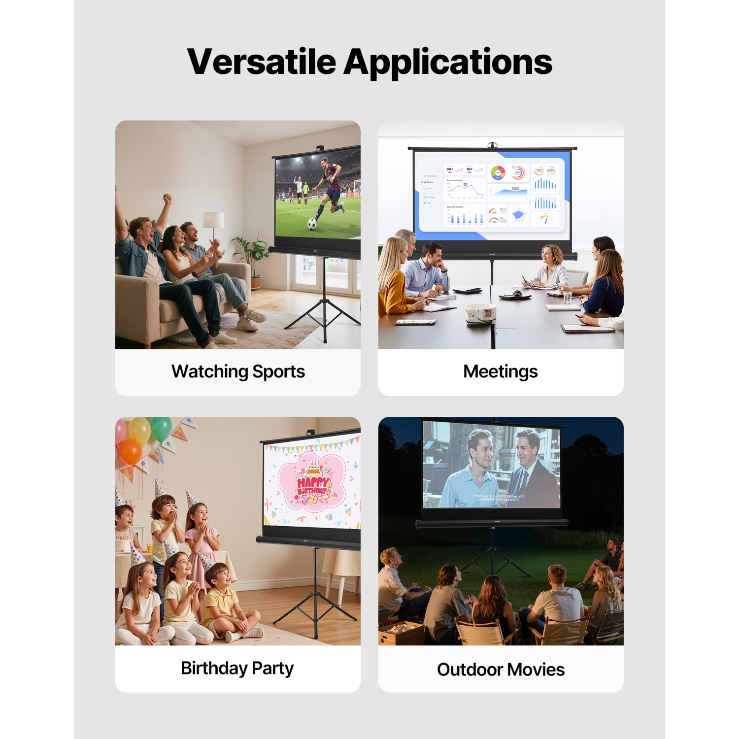 VEVOR 60 Inch Projector Screen with Stand, 160° Wide Angle Indoor Outdoor Projection Screen, 16:9 4K HD Wrinkleless Portable Tripod Screens with