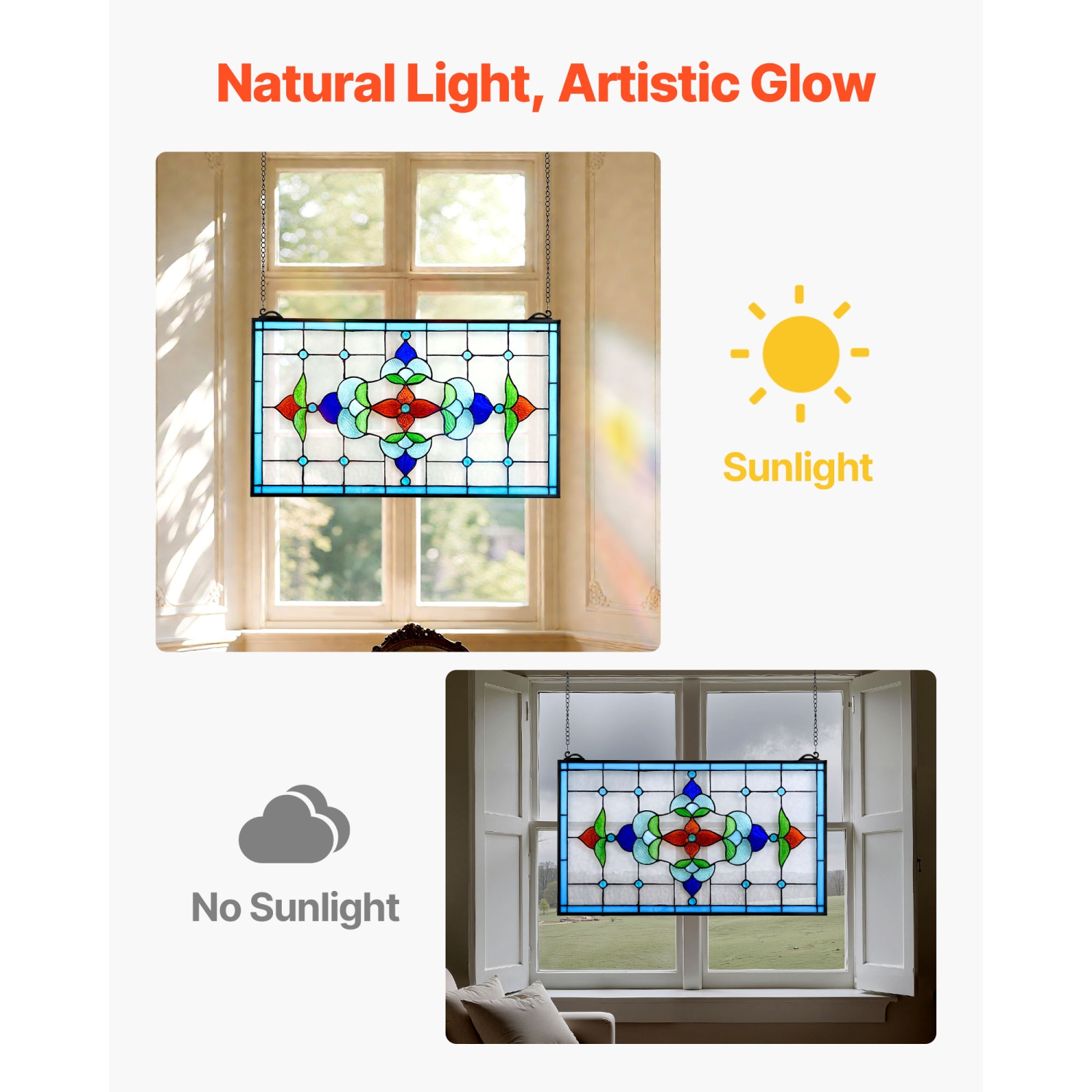 Panneau de vitrail VEVOR, 26 x 16 po, panneau de fenêtre transversal suspendu style Tiffany avec chaîne, grand verre horizontal rectangulaire,