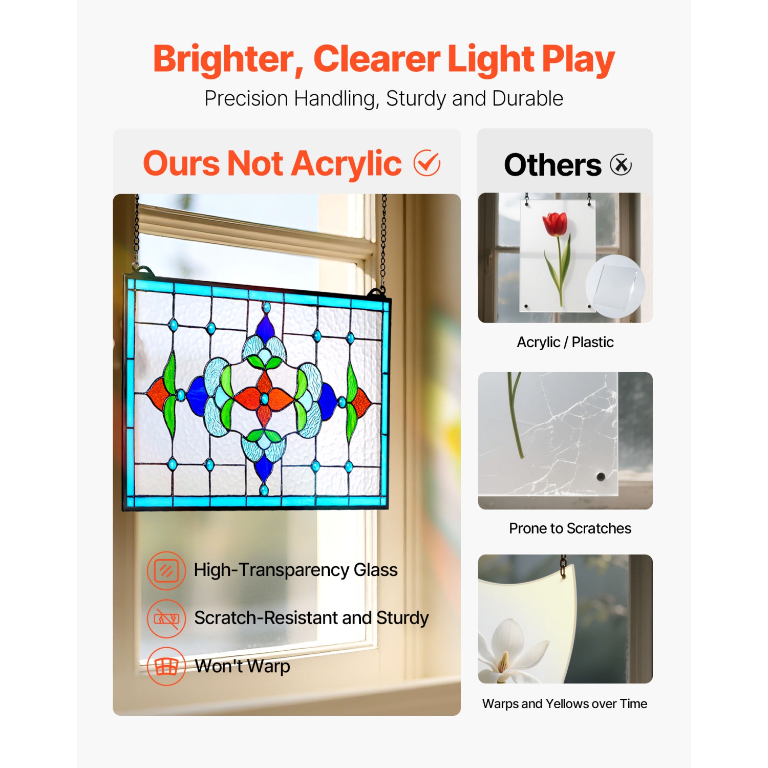 Panneau de vitrail VEVOR, 26 x 16 po, panneau de fenêtre transversal suspendu style Tiffany avec chaîne, grand verre horizontal rectangulaire,
