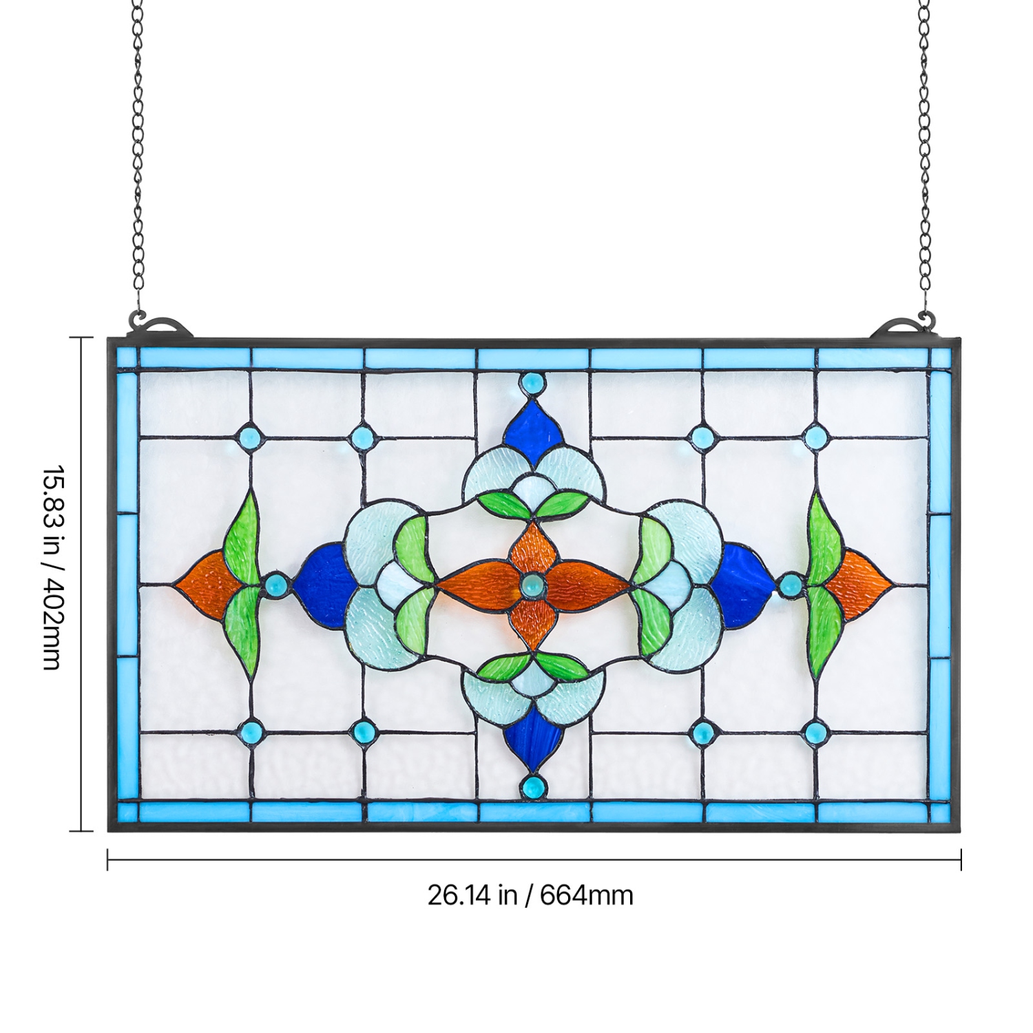 Panneau de vitrail VEVOR, 26 x 16 po, panneau de fenêtre transversal suspendu style Tiffany avec chaîne, grand verre horizontal rectangulaire,