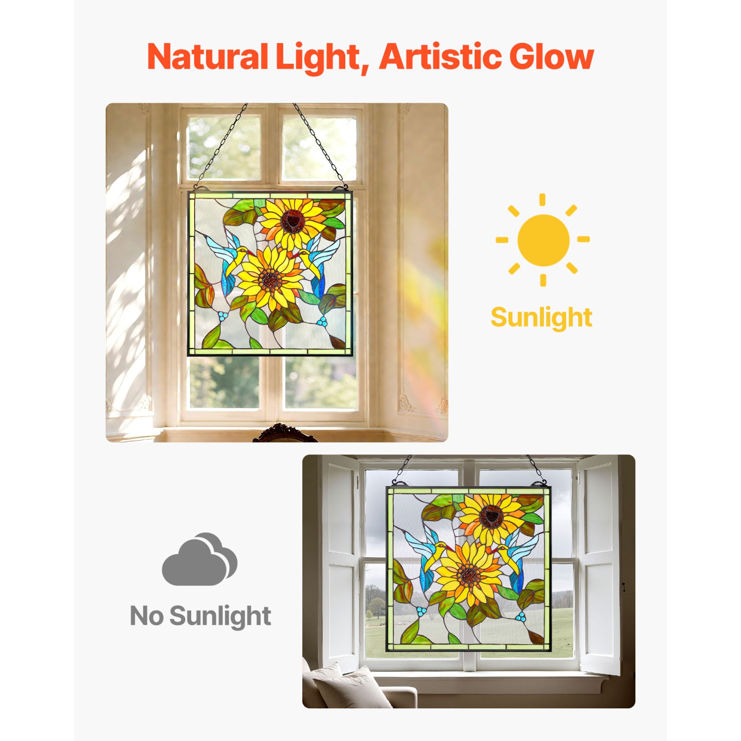 Panneau de vitrail VEVOR de 20 x 20 po, panneau de fenêtre suspendu de style Tiffany avec chaîne, grand verre rectangulaire vertical, artisanat
