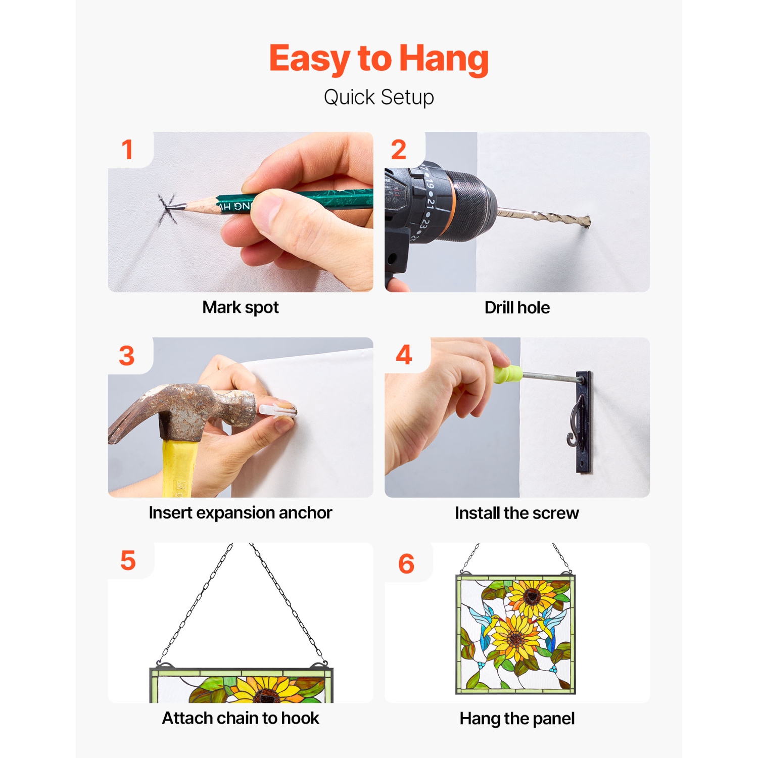 Panneau de vitrail VEVOR de 20 x 20 po, panneau de fenêtre suspendu de style Tiffany avec chaîne, grand verre rectangulaire vertical, artisanat