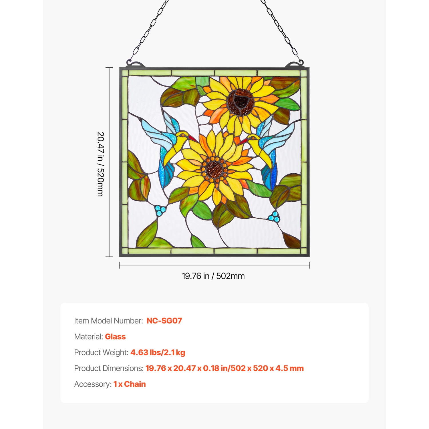 Panneau de vitrail VEVOR de 20 x 20 po, panneau de fenêtre suspendu de style Tiffany avec chaîne, grand verre rectangulaire vertical, artisanat