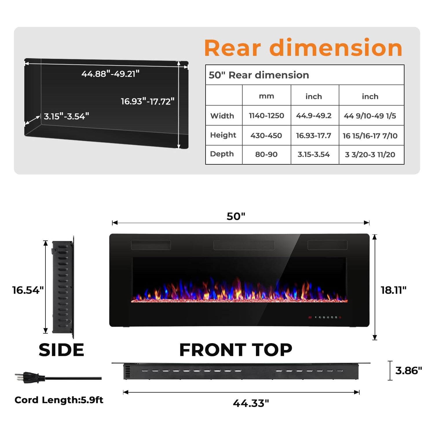 Foyer électrique mince de 50&nbsp;po, chaufferette murale/encastrée avec minuterie, flamme 3D, télécommande et commandes tactiles, couleurs