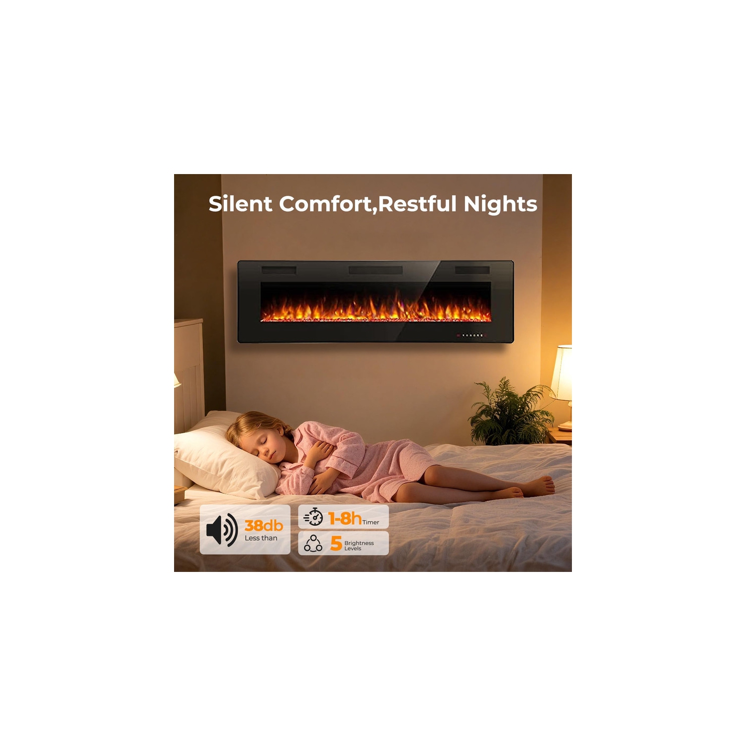 60" Electric Fireplace, Wall-Mount/Recessed Slim Heater 750W/1500W, Remote & Timer, 12 Flame Colors, 5 Brightness Levels, Adjustable Speeds, Quiet