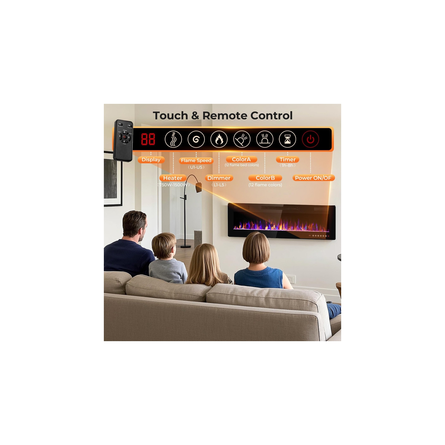 60" Electric Fireplace, Wall-Mount/Recessed Slim Heater 750W/1500W, Remote & Timer, 12 Flame Colors, 5 Brightness Levels, Adjustable Speeds, Quiet