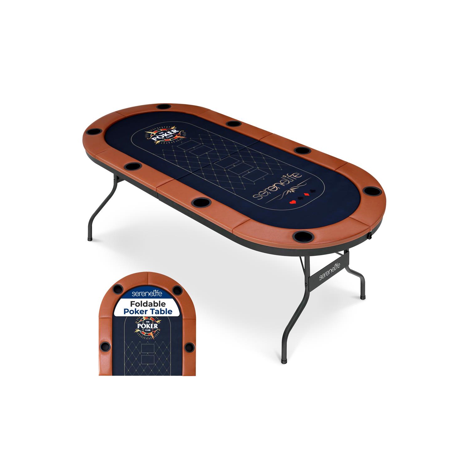 SereneLife 6ft Foldable Poker Game Table, 8 Player Casino Style Oval Card Table with Cushioned Rails, 8 Cup Holders, Metal Legs, Water-Resistant,