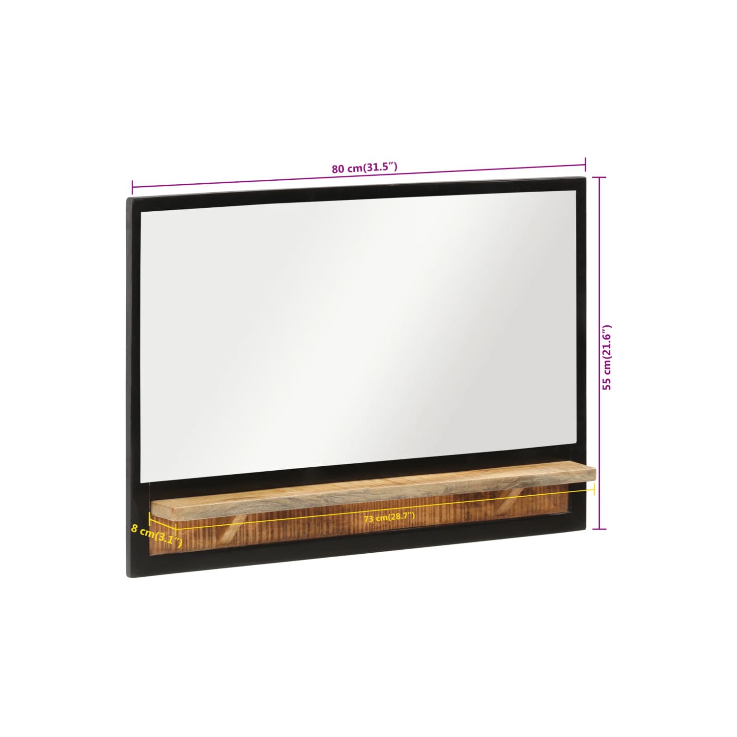 Miroir vidaXL avec tablette en verre 80 x 8 x 55 cm et mangue en bois massif