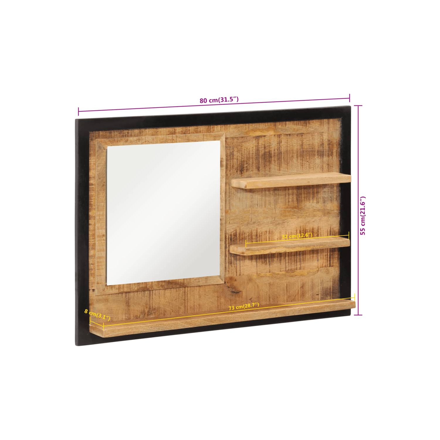 Miroir vidaXL avec tablettes en verre 80 x 8 x 55 cm et mangue en bois massif
