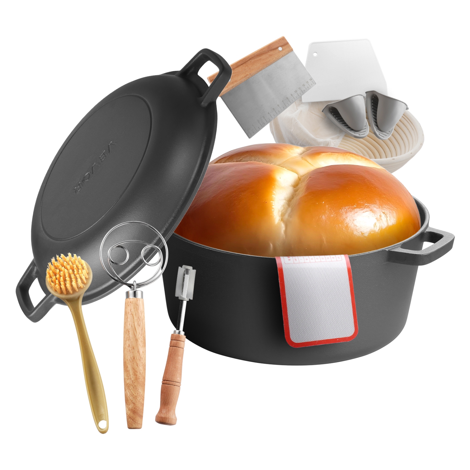 VEVOR Cast Iron Dutch Oven, 2-in-1 Pre-Seasoned Pot with Skillet Lid, 5QT Cookware Pan with Proofing Basket, Bread Baking Accessories, Bread-Oven