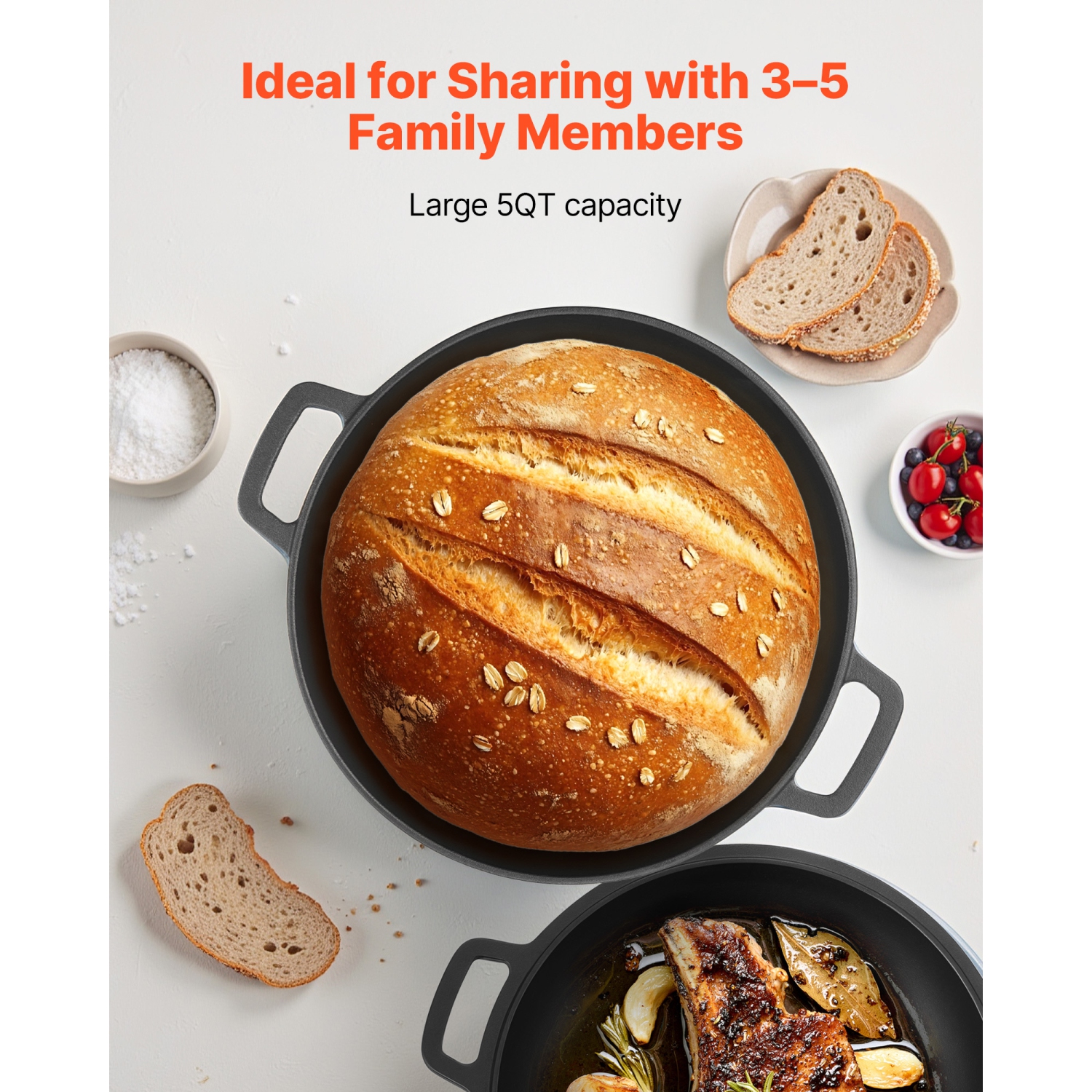 VEVOR Cast Iron Dutch Oven, 2-in-1 Pre-Seasoned Pot with Skillet Lid, 5QT Cookware Pan with Proofing Basket, Bread Baking Accessories, Bread-Oven