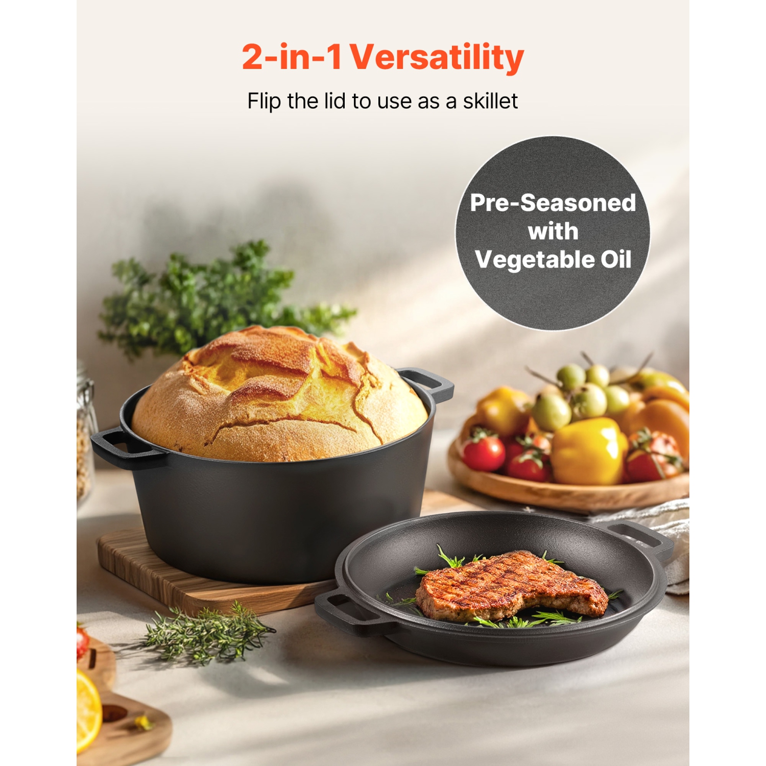 VEVOR Cast Iron Dutch Oven, 2-in-1 Pre-Seasoned Pot with Skillet Lid, 5QT Cookware Pan with Proofing Basket, Bread Baking Accessories, Bread-Oven