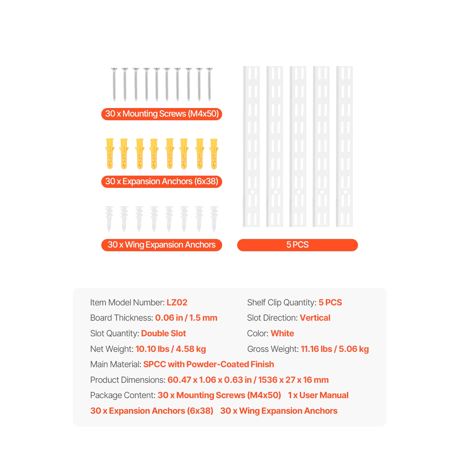 Ensemble de 5 pilastres de tablette VEVOR 60, système de tablettes murales verticales à deux rails, système de soutien robuste, rails de tablette à