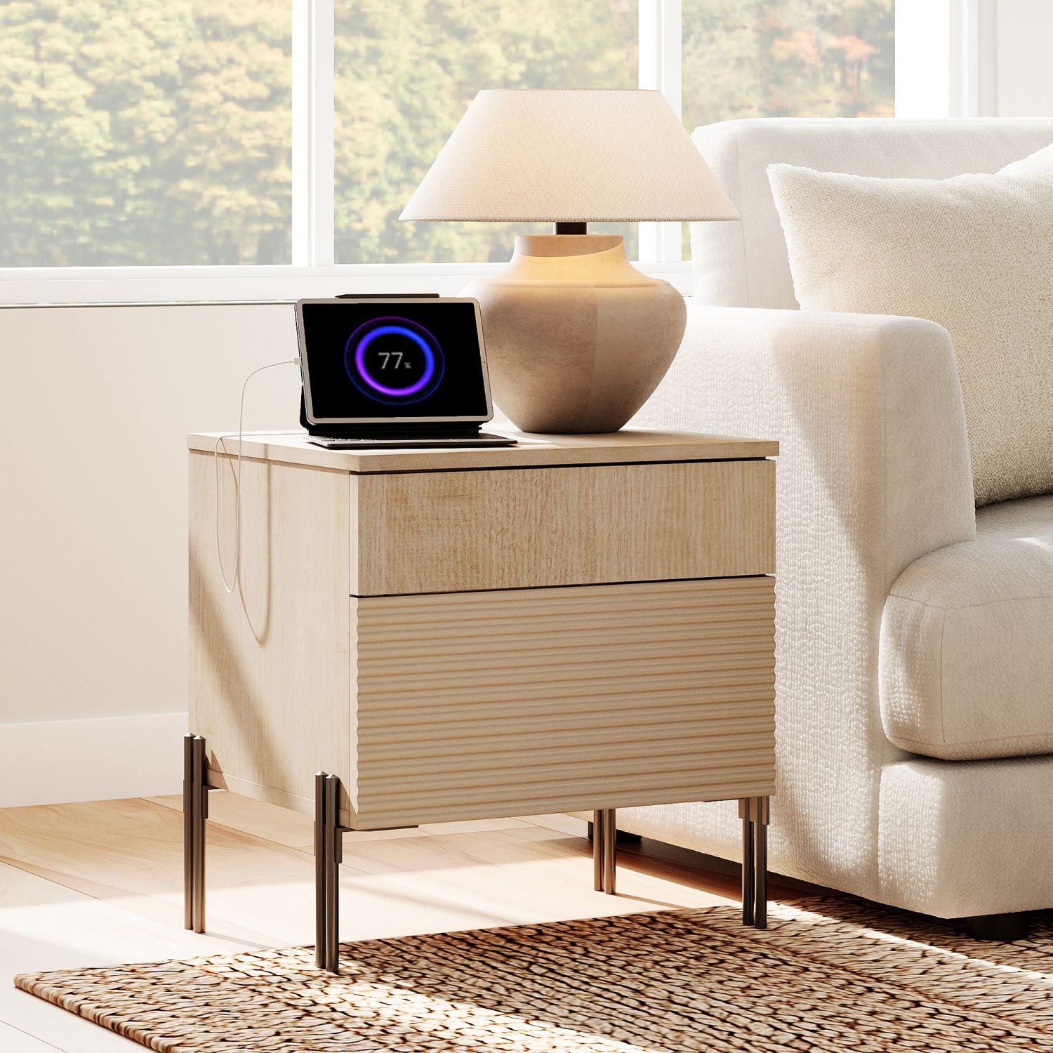 WAMPAT Fluted Nightstand with Charging Station, 18” Modern Bedside Table with 2 Drawers, Wooden End Table Night Stand with USB Ports and Outlets for