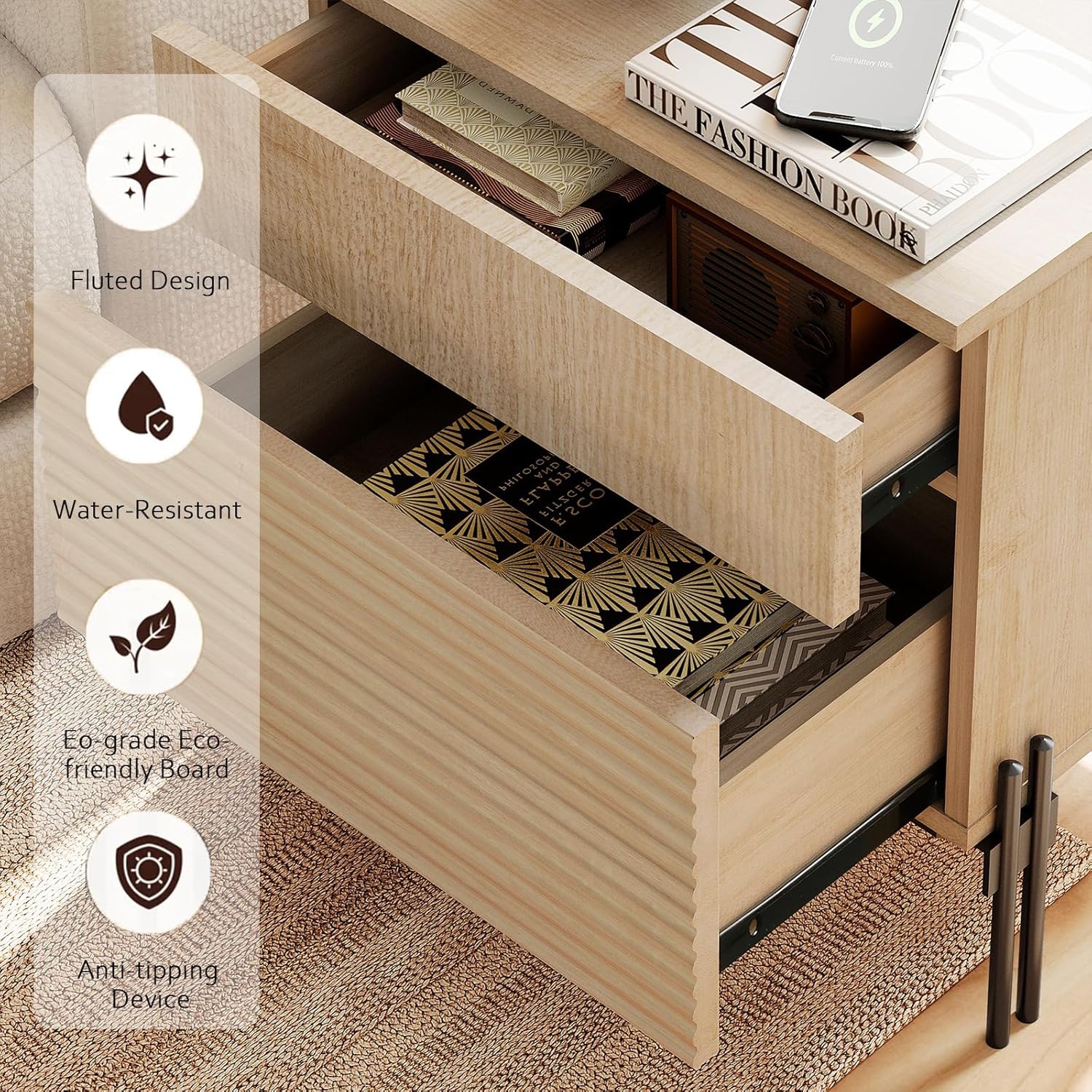 WAMPAT Fluted Nightstand with Charging Station, 18” Modern Bedside Table with 2 Drawers, Wooden End Table Night Stand with USB Ports and Outlets for