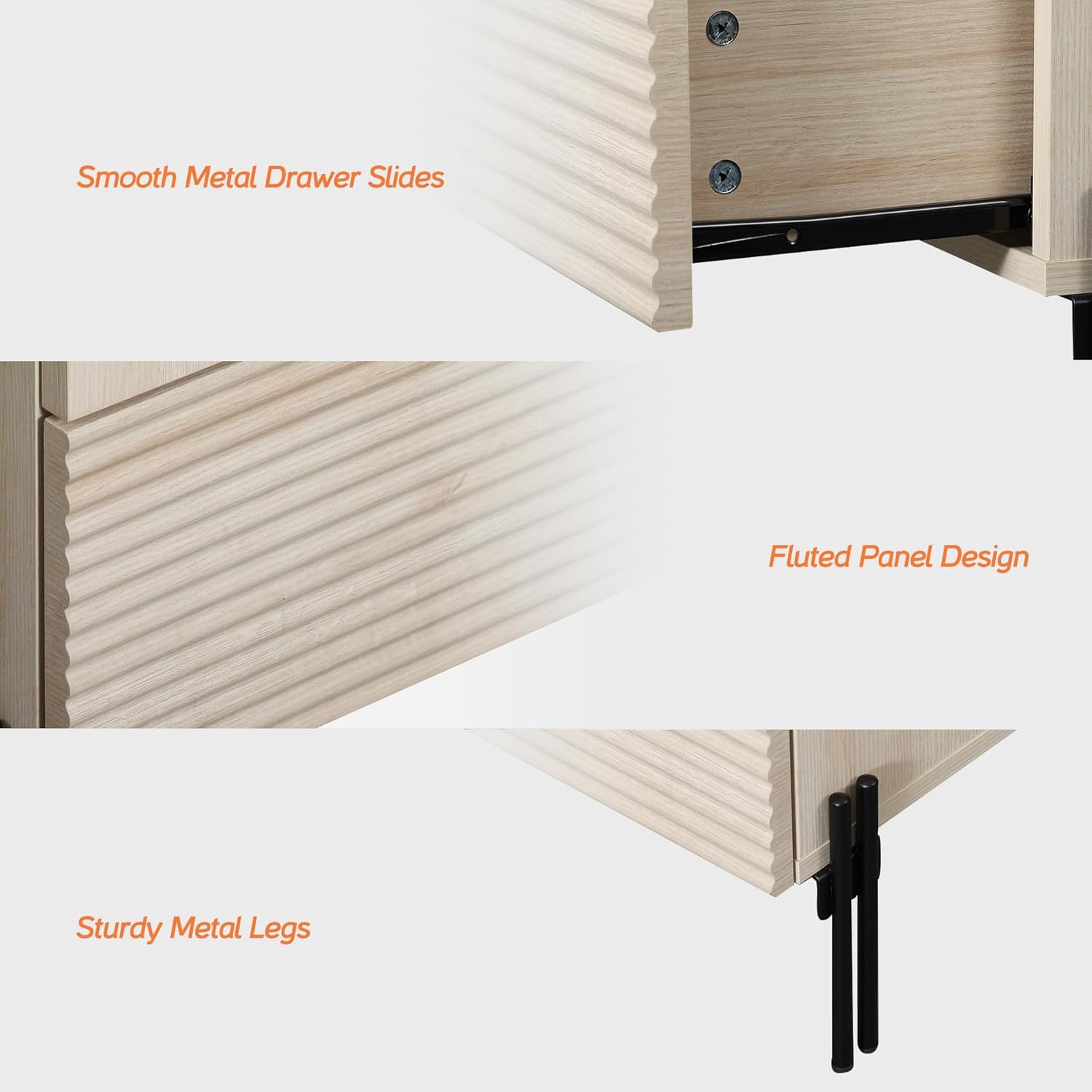 WAMPAT Fluted Nightstand with Charging Station, 18” Modern Bedside Table with 2 Drawers, Wooden End Table Night Stand with USB Ports and Outlets for