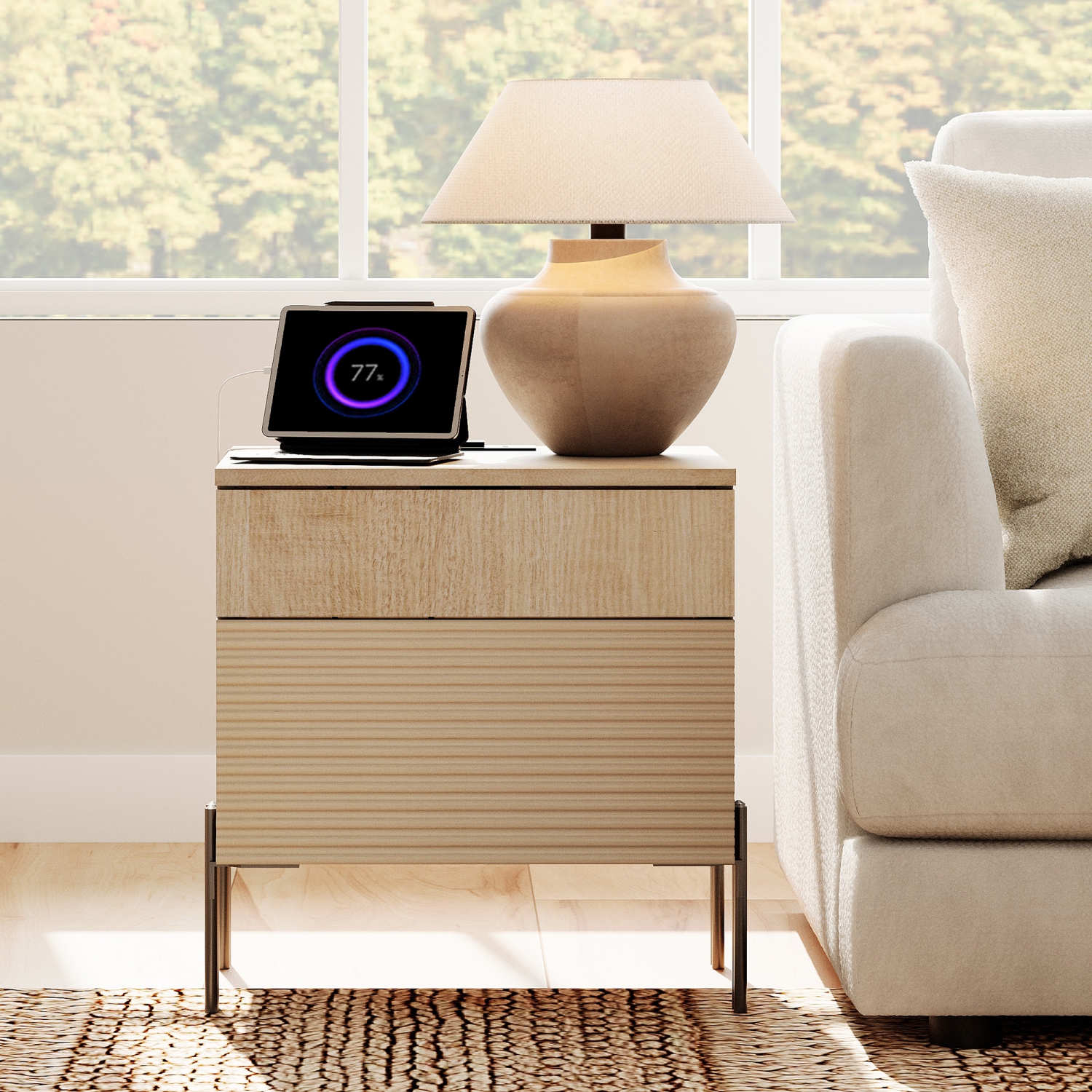 WAMPAT Fluted Nightstand with Charging Station, 18” Modern Bedside Table with 2 Drawers, Wooden End Table Night Stand with USB Ports and Outlets for