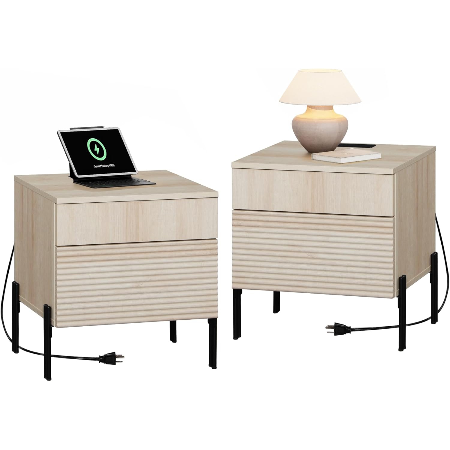 WAMPAT Fluted Nightstands Set of 2 with Charging Station, 18” Bedside Table with 4 Drawers, End Table Night Stand with USB Ports and Outlets for