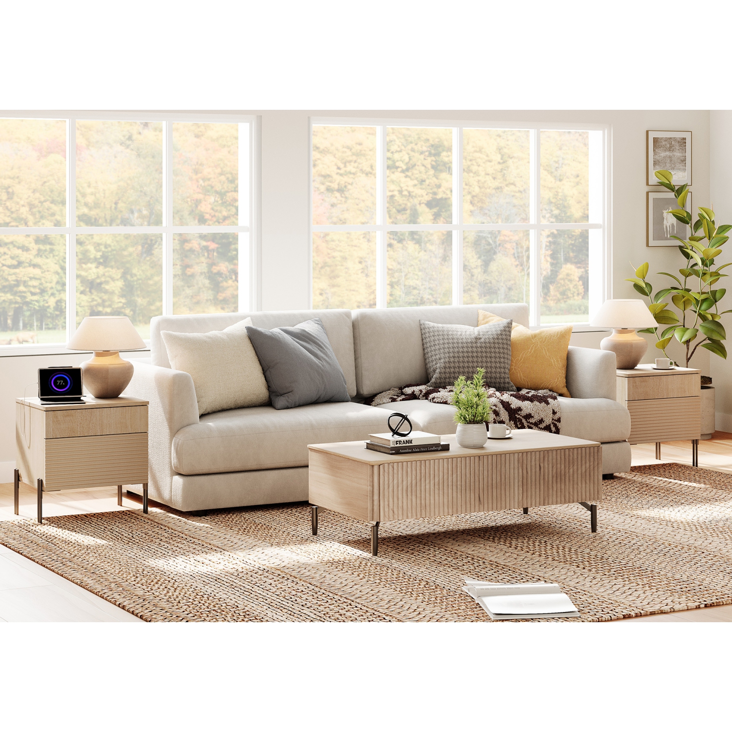 WAMPAT Fluted Nightstands Set of 2 with Charging Station, 18” Bedside Table with 4 Drawers, End Table Night Stand with USB Ports and Outlets for