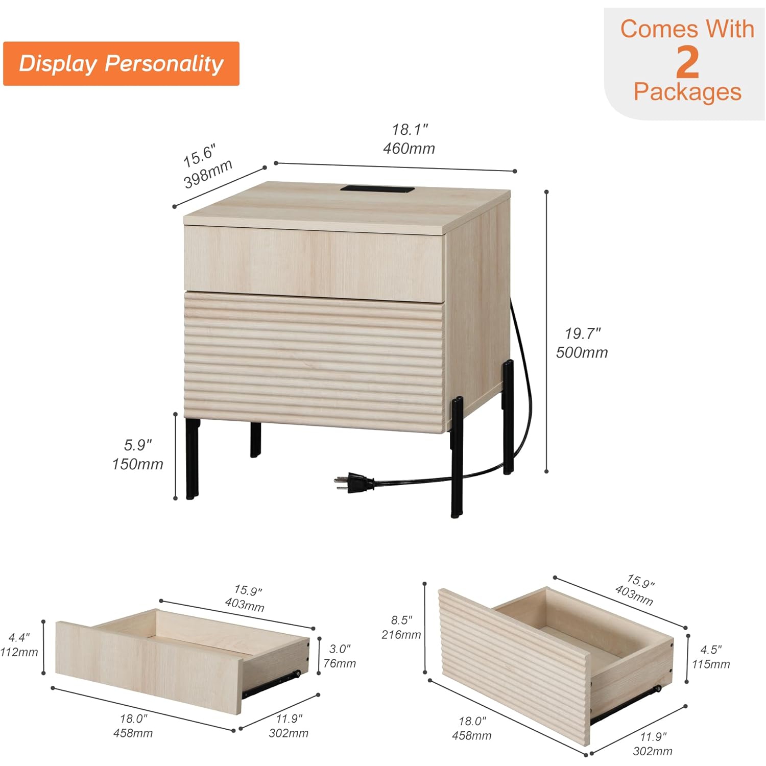 WAMPAT Fluted Nightstands Set of 2 with Charging Station, 18” Bedside Table with 4 Drawers, End Table Night Stand with USB Ports and Outlets for