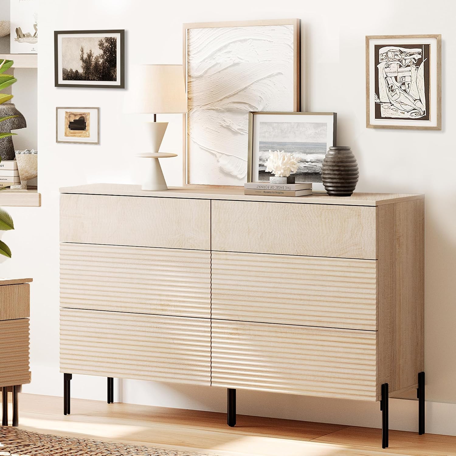 Commode cannelée à 6 tiroirs WAMPAT, commode moderne en bois de 47,2&nbsp;po de largeur pour chambre à coucher, table à langer avec rangement pour