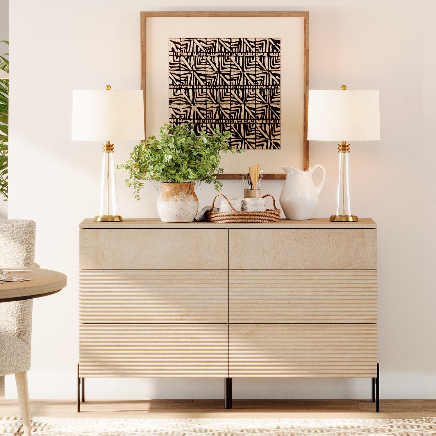 Commode cannelée à 6 tiroirs WAMPAT, commode moderne en bois de 47,2&nbsp;po de largeur pour chambre à coucher, table à langer avec rangement pour