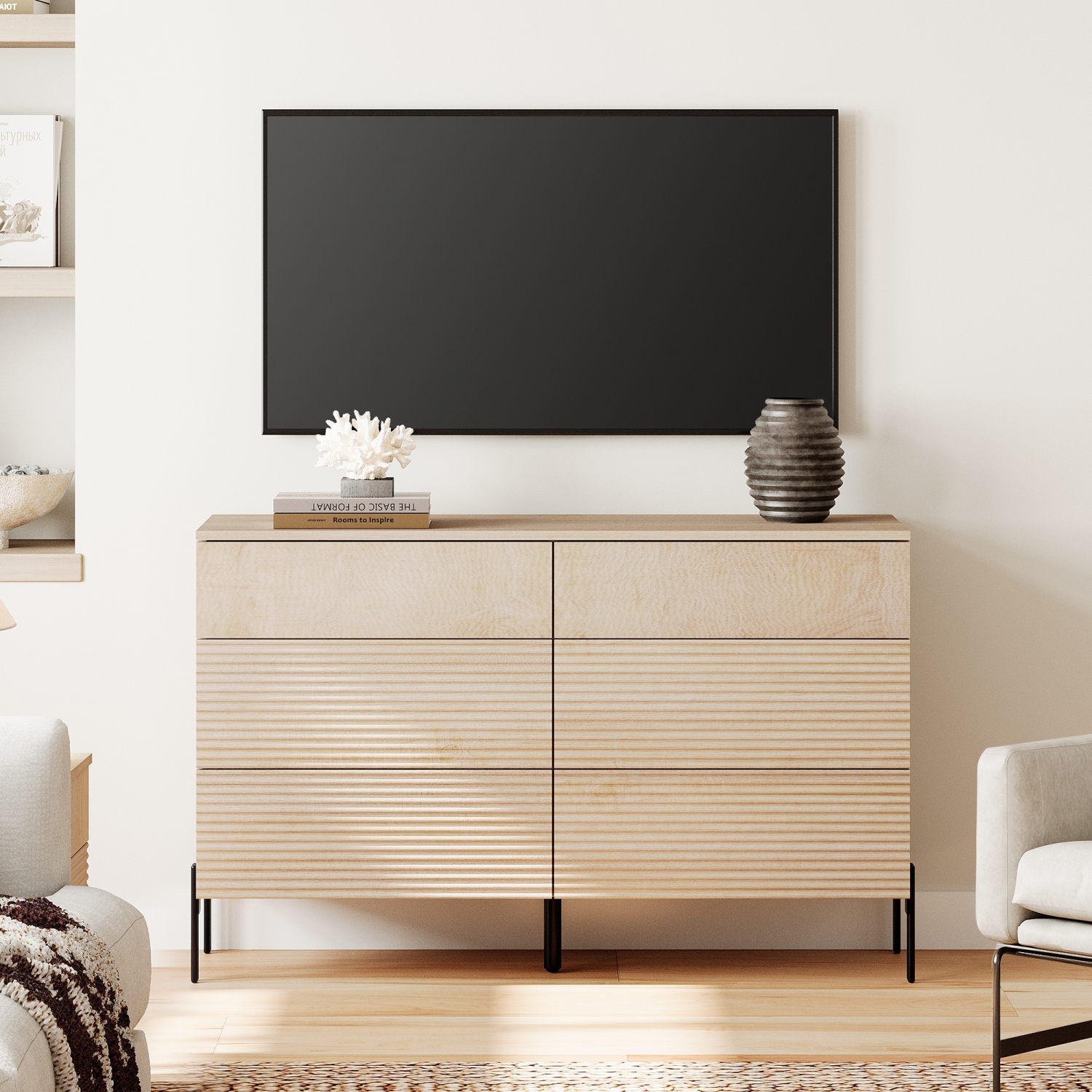 Commode cannelée à 6 tiroirs WAMPAT, commode moderne en bois de 47,2&nbsp;po de largeur pour chambre à coucher, table à langer avec rangement pour