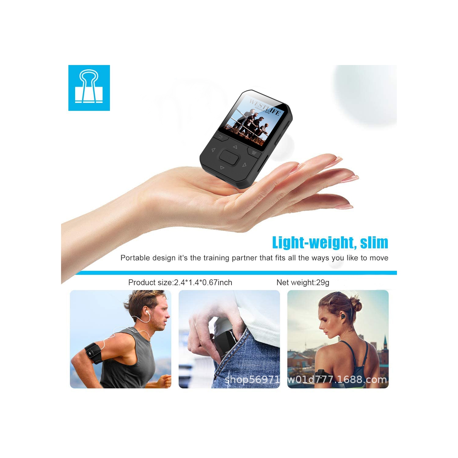 Lecteur MP3 portatif Bluetooth sport Clip MP4 Walkman populaire - 16 Go noir