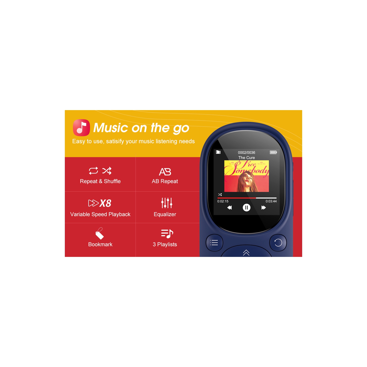 Lecteur MP3 32 Go avec Bluetooth 5,3, lecteur MP3 haute fidélité avec boutons tactiles sensibles et écran de 1,5 po, lecteur MP3 portatif