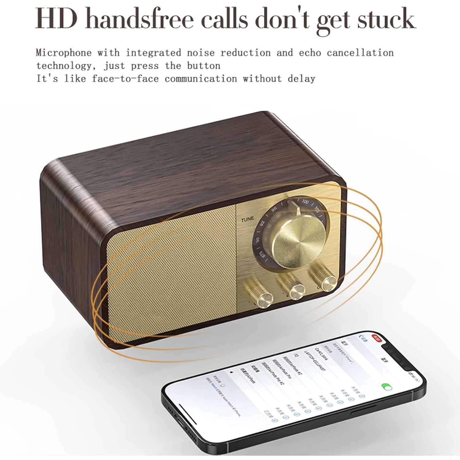 Portable Bluetooth speaker, digital radio, retro FM radio, rechargeable music player, wood grain finish.
