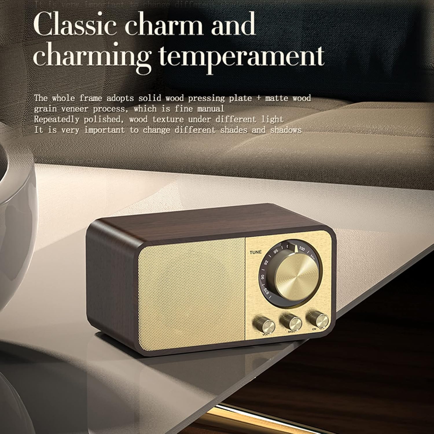Portable Bluetooth speaker, digital radio, retro FM radio, rechargeable music player, wood grain finish.