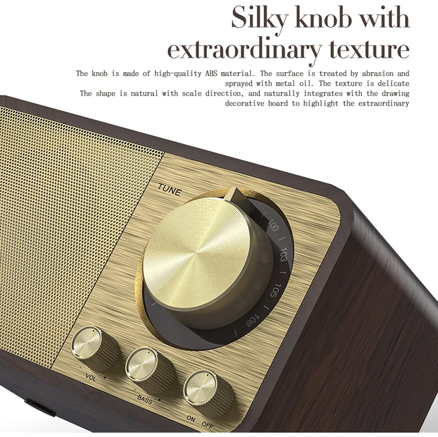 Portable Bluetooth speaker, digital radio, retro FM radio, rechargeable music player, wood grain finish.