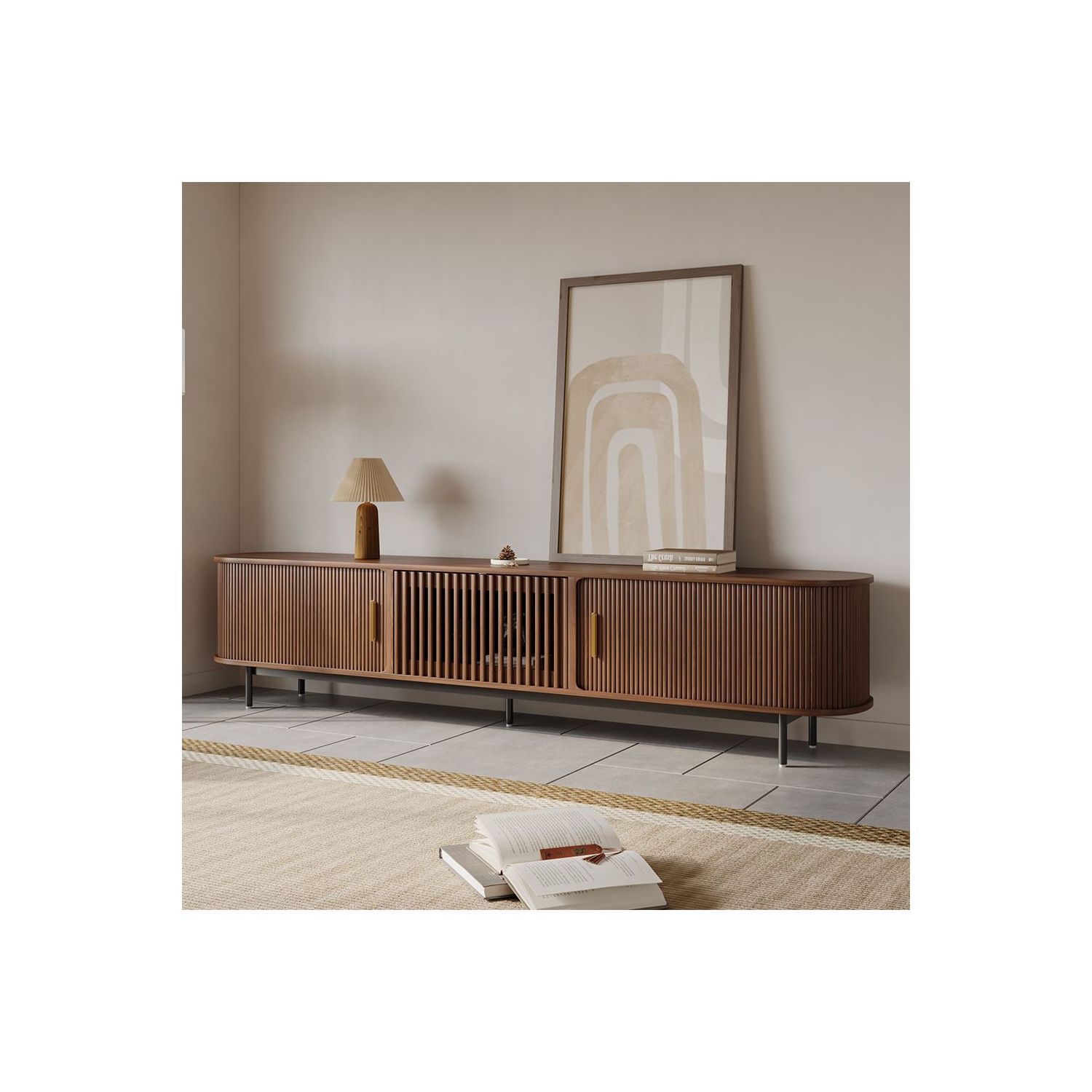 Meuble moderne pour téléviseur 94,49&nbsp;po porte Tambour de POVISON - Noyer