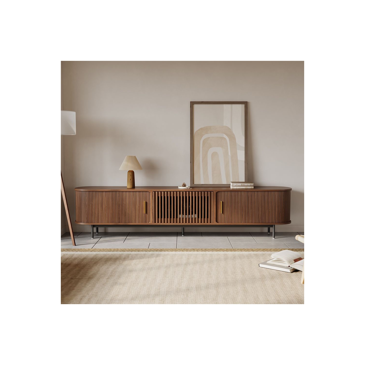 Meuble moderne pour téléviseur 94,49&nbsp;po porte Tambour de POVISON - Noyer