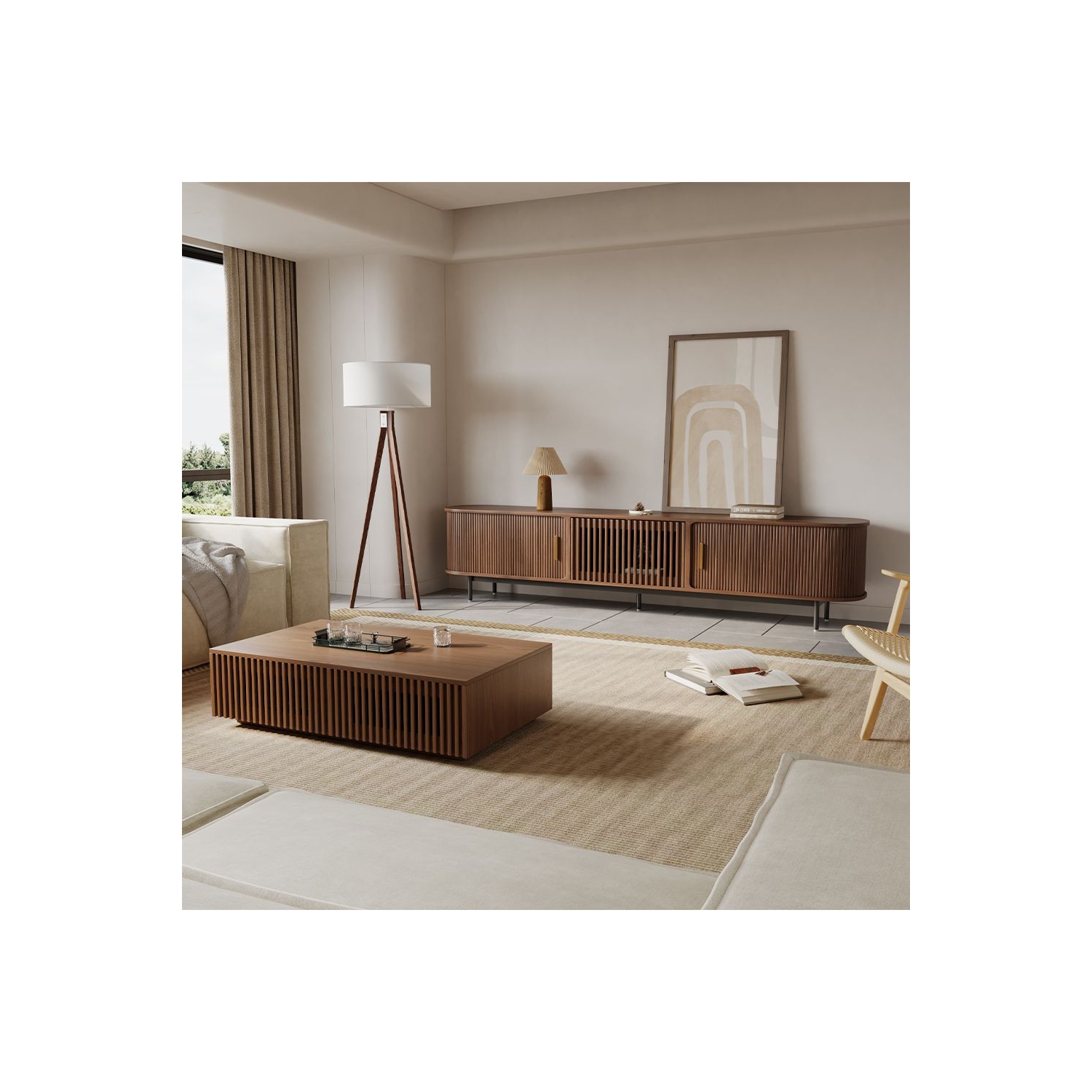 Meuble moderne pour téléviseur 94,49&nbsp;po porte Tambour de POVISON - Noyer