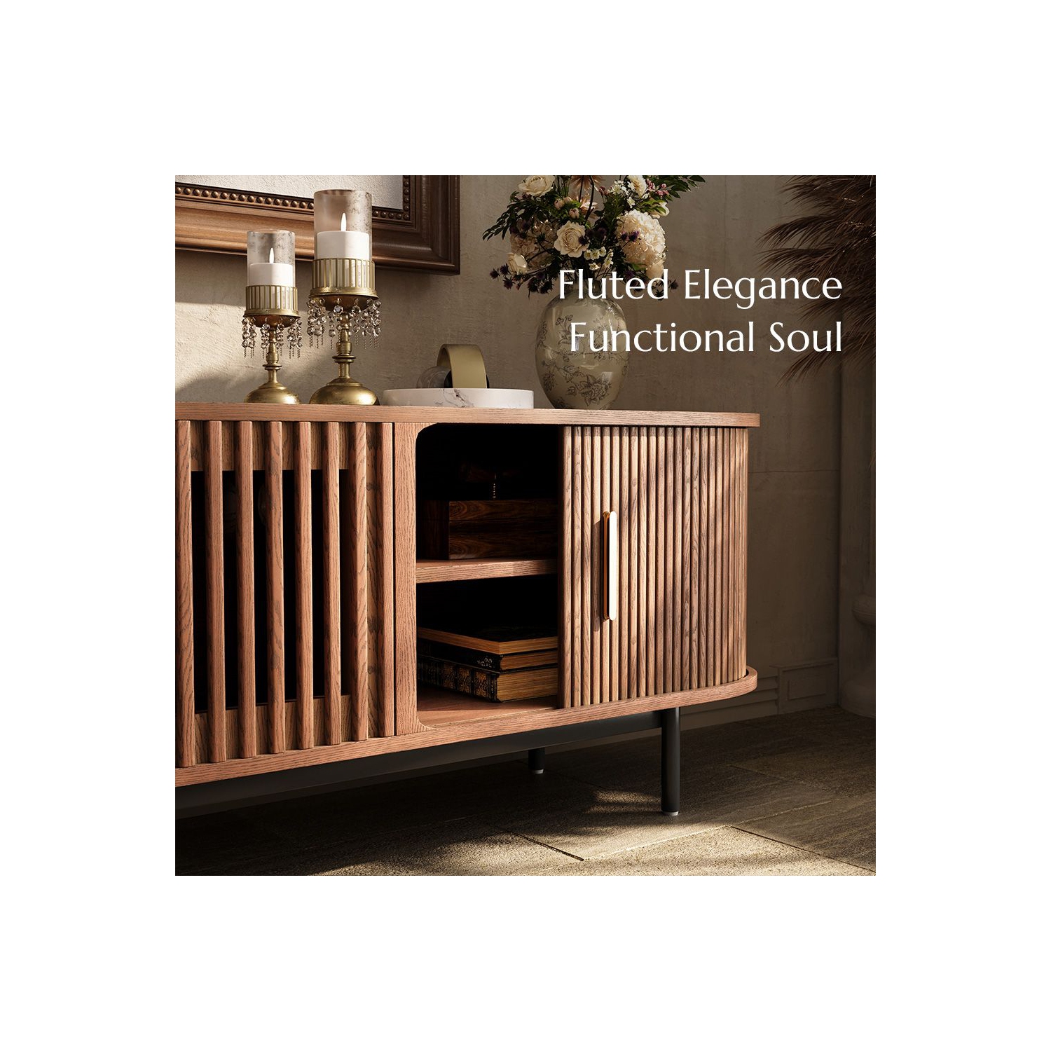 Meuble moderne pour téléviseur 94,49&nbsp;po porte Tambour de POVISON - Noyer