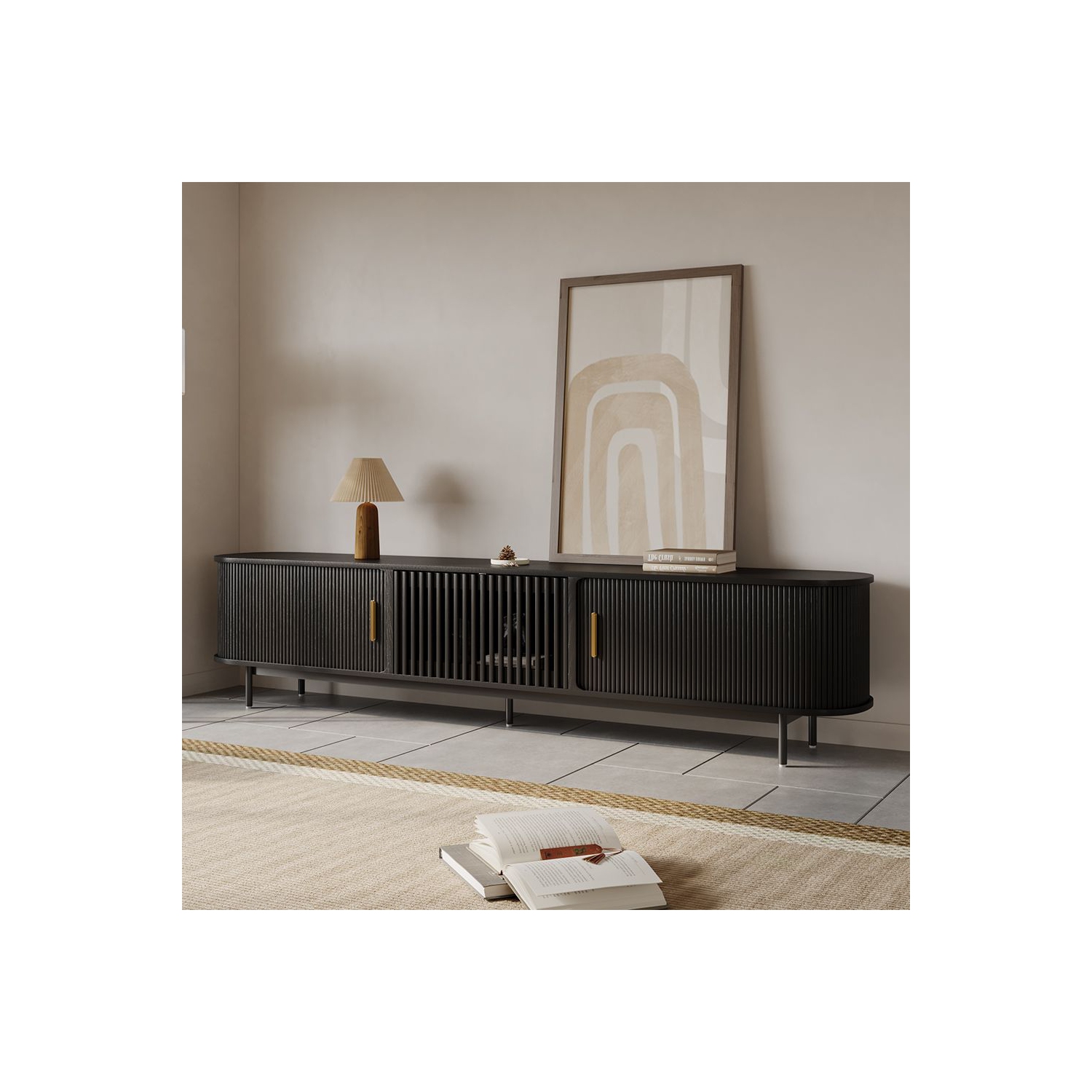 Meuble pour téléviseur 94,49&nbsp;po Mid-Century Modern Tambour Door de POVISON - Noir