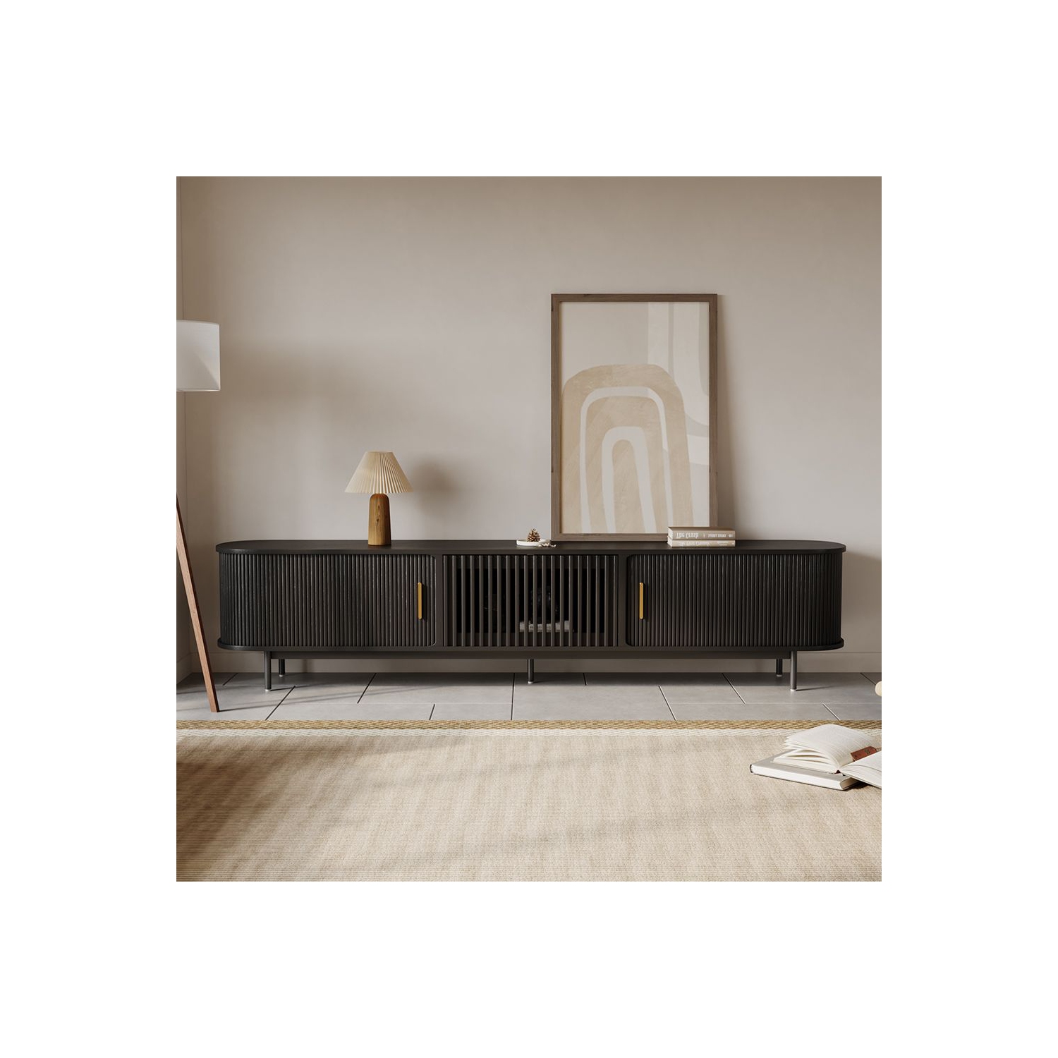 Meuble pour téléviseur 94,49&nbsp;po Mid-Century Modern Tambour Door de POVISON - Noir