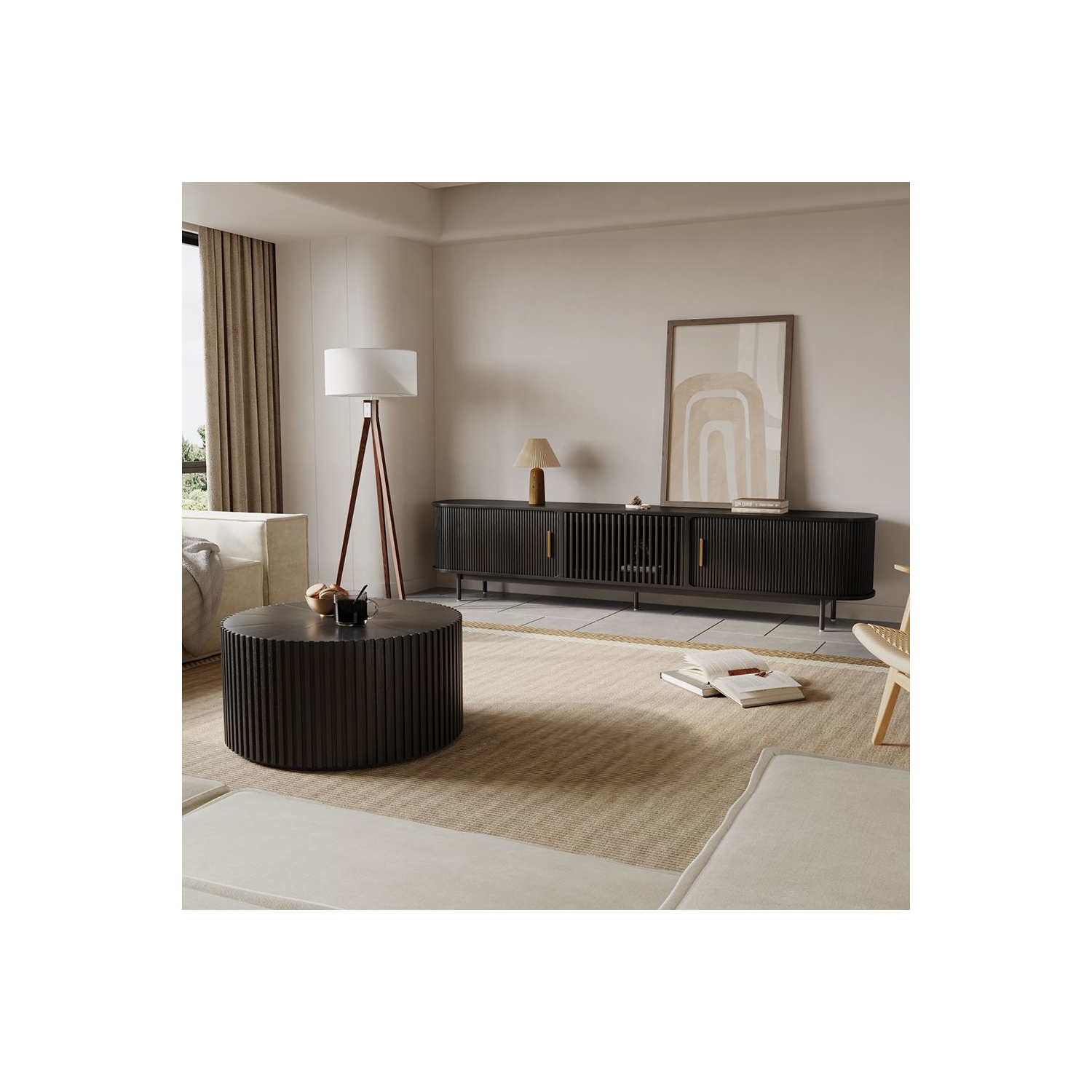 Meuble pour téléviseur 94,49&nbsp;po Mid-Century Modern Tambour Door de POVISON - Noir