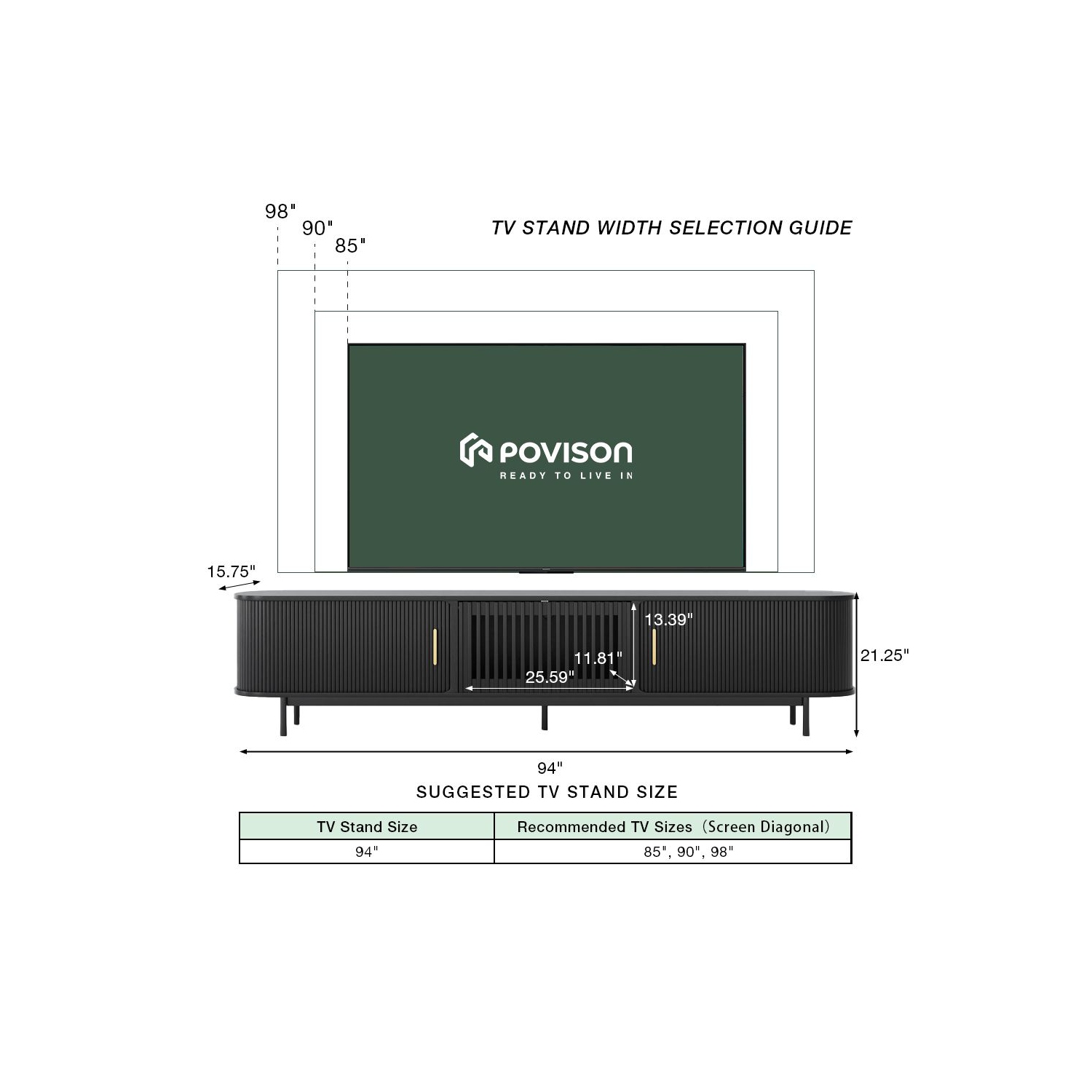 Meuble pour téléviseur 94,49&nbsp;po Mid-Century Modern Tambour Door de POVISON - Noir