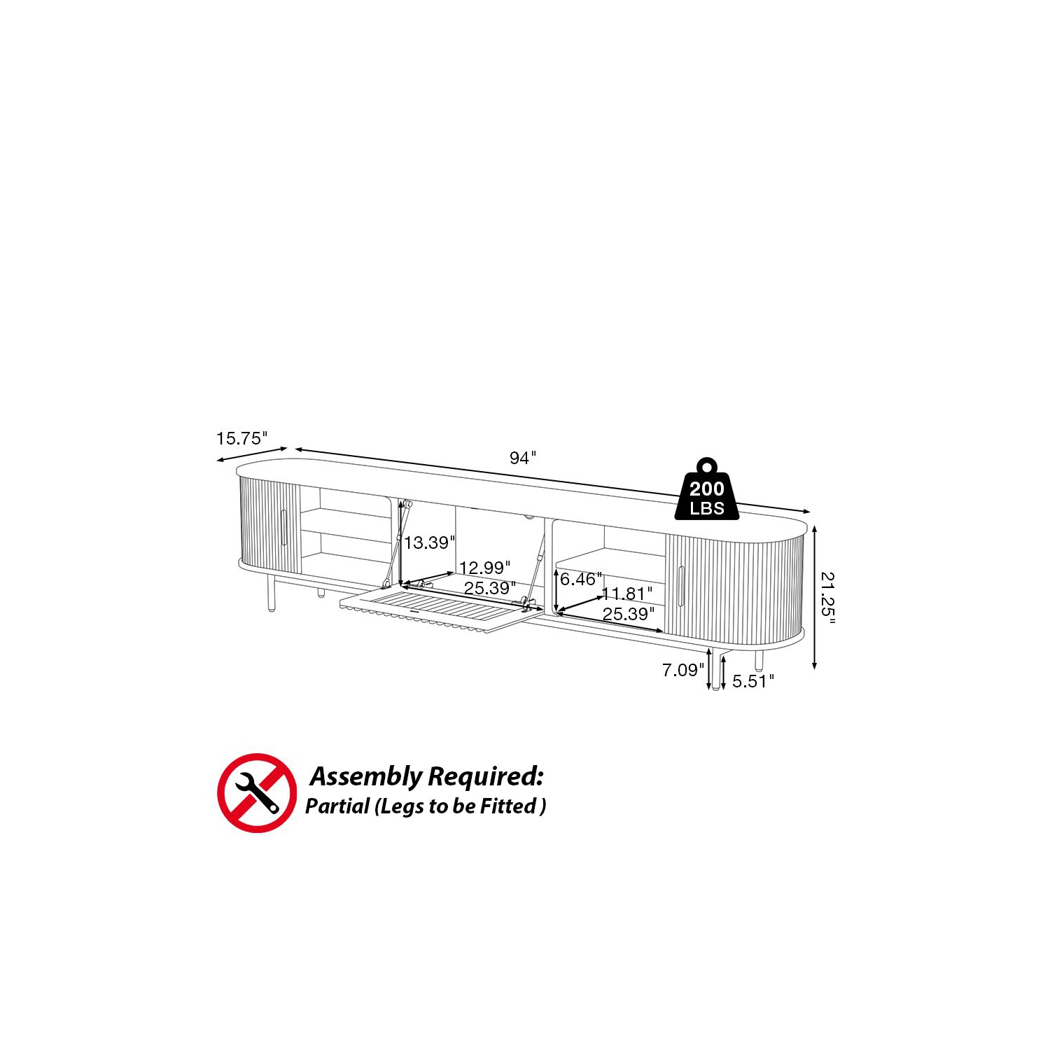 Meuble pour téléviseur 94,49&nbsp;po Mid-Century Modern Tambour Door de POVISON - Noir