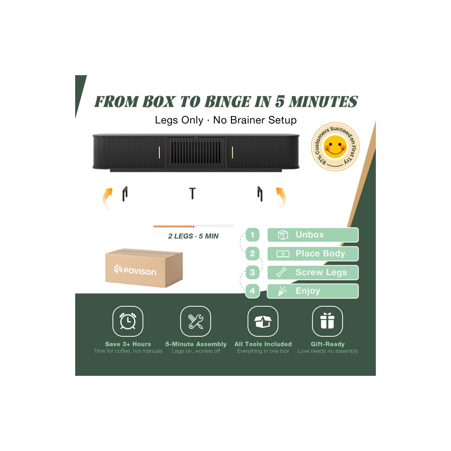 Meuble pour téléviseur 94,49&nbsp;po Mid-Century Modern Tambour Door de POVISON - Noir