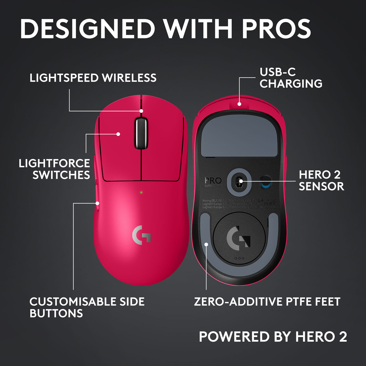 Logitech G PRO X Superlight 2 Compact 44000 DPI Wireless HERO 2 Gaming Mouse - Magenta