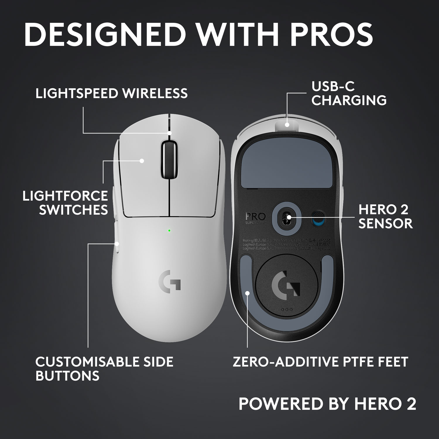 Souris de jeu sans fil compacte 44 000 ppp PRO X Superlight 2 à capteur HERO 2 de Logitech G - Blanc