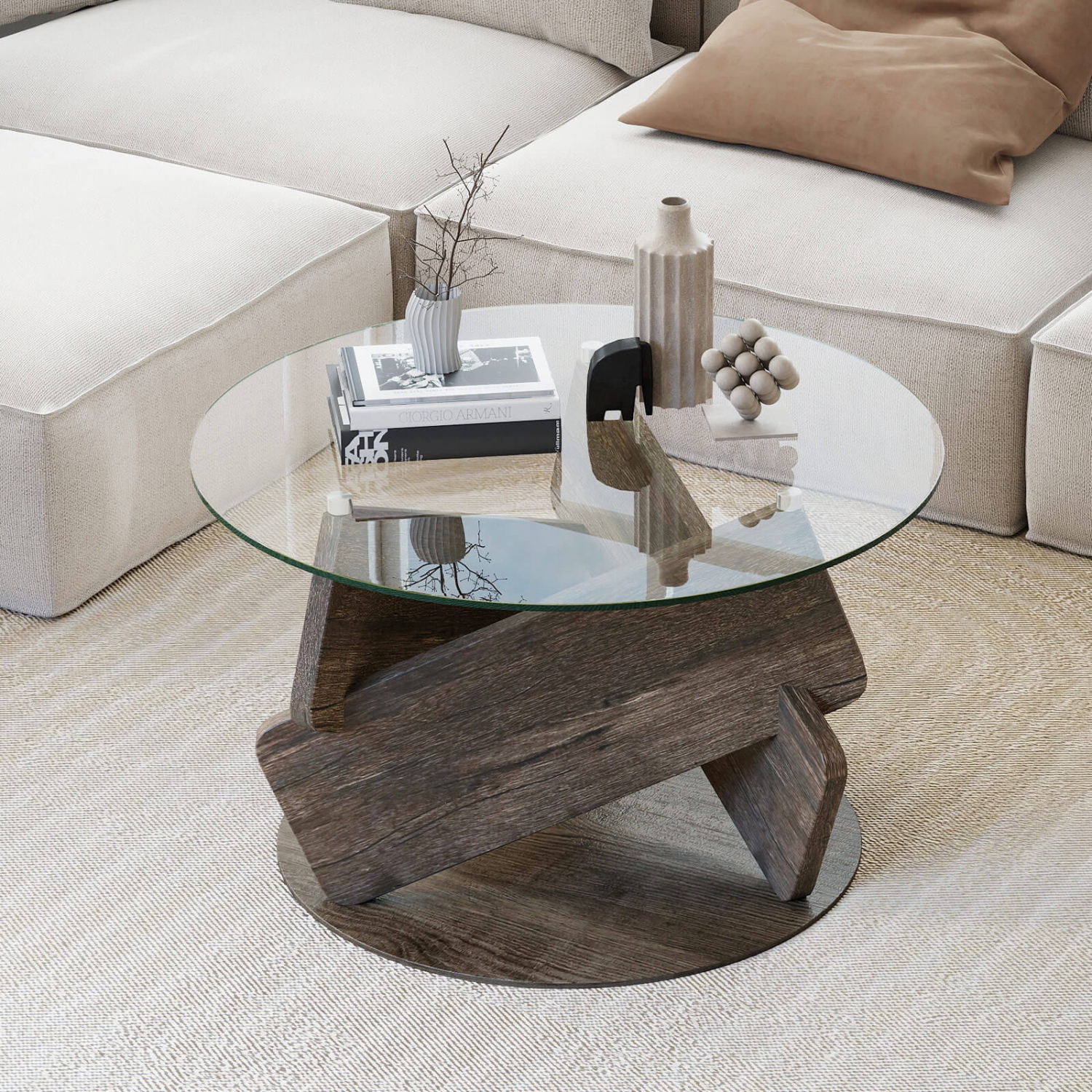 Costway Round Glass Coffee Table 32" Modern Center Table with Clear Tempered Glass Top
