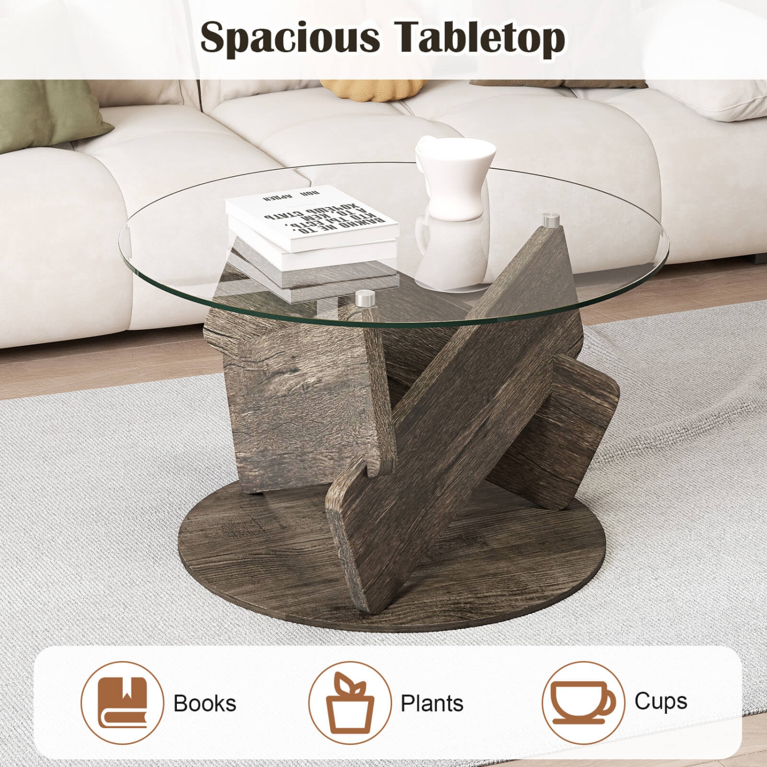 Costway Round Glass Coffee Table 32" Modern Center Table with Clear Tempered Glass Top