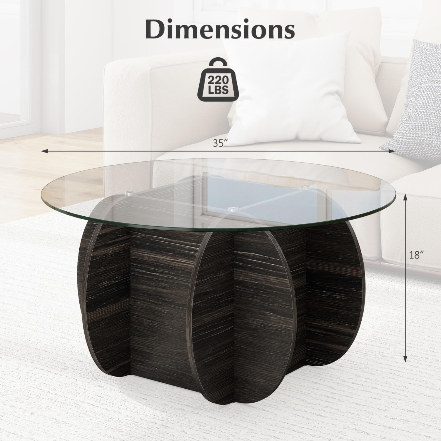 Table basse ronde moderne de 35&nbsp;po de Costway avec dessus en verre trempé pour le salon
