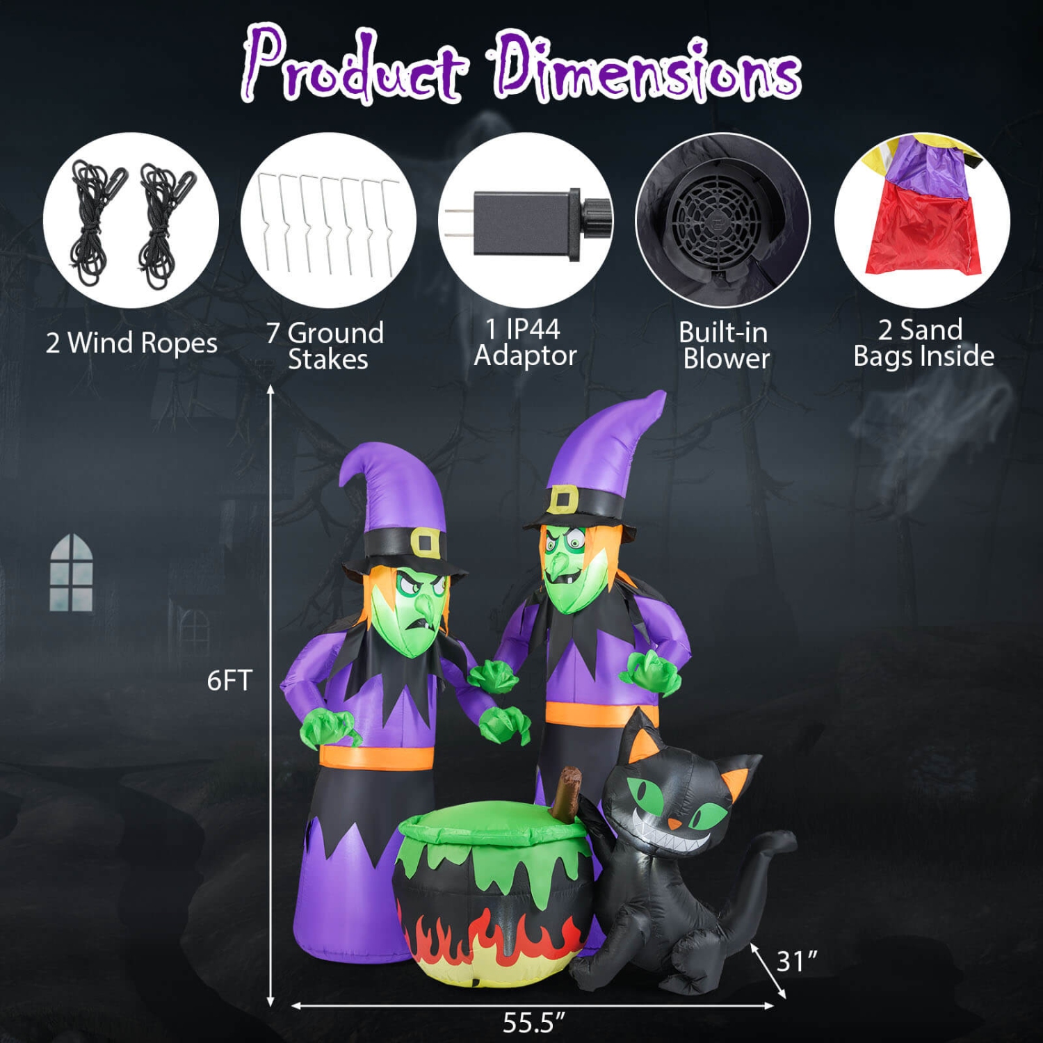 Costway 6 Ft Inflatable Halloween Witches Blow up 2 Scary Witch with Cauldron & Black Cat
