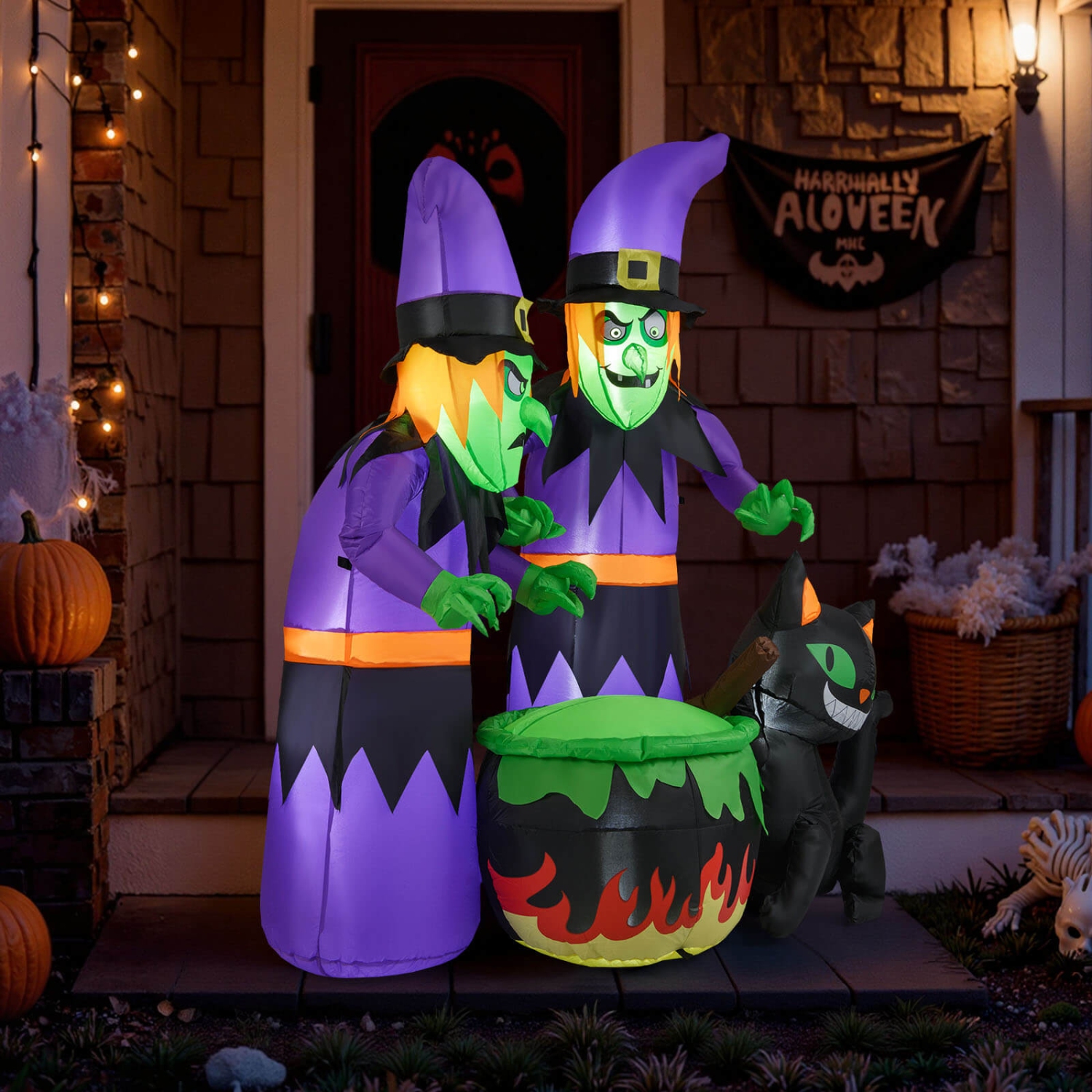 Costway 6 Ft Inflatable Halloween Witches Blow up 2 Scary Witch with Cauldron & Black Cat